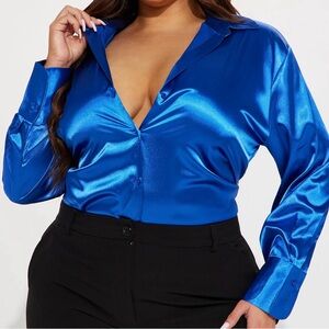 Fashion Nova Royal Blue Satin Button Down Shirt